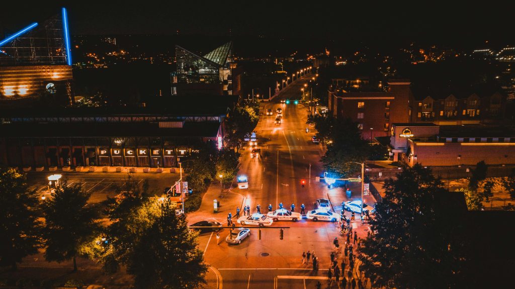 AI surveillance of a road block at night