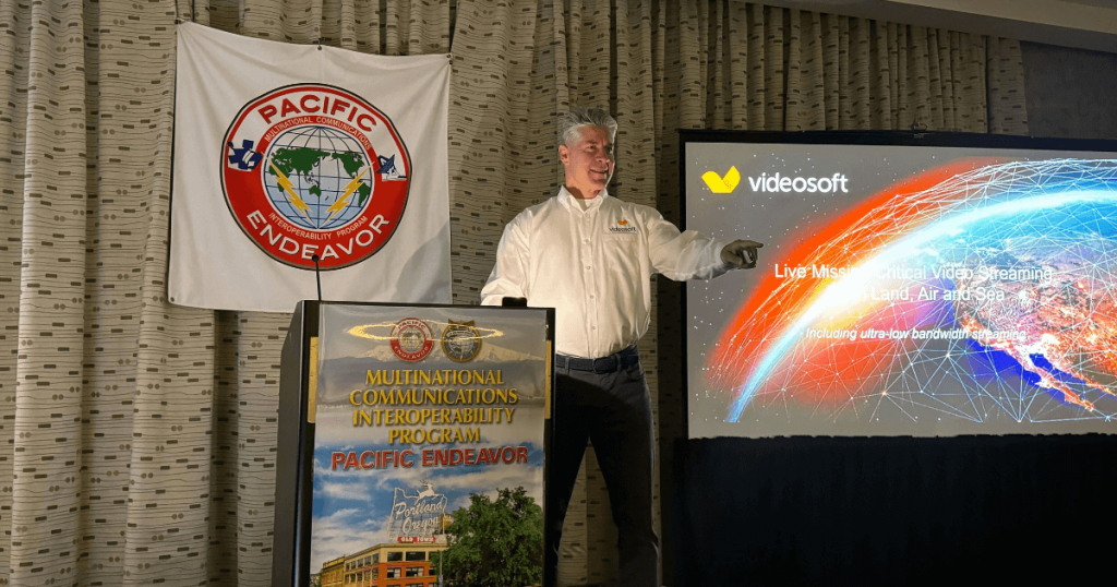 Brian Heatherman presents Videosoft demonstration at the USINDOPACOM Multinational Communications Interoperability Program Exercise 2024.